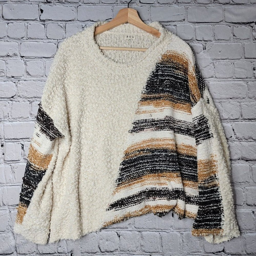 Pol Beige Multicolor Accent Chenille Soft Oversize‎ Asymmetrical Sweater Size S
